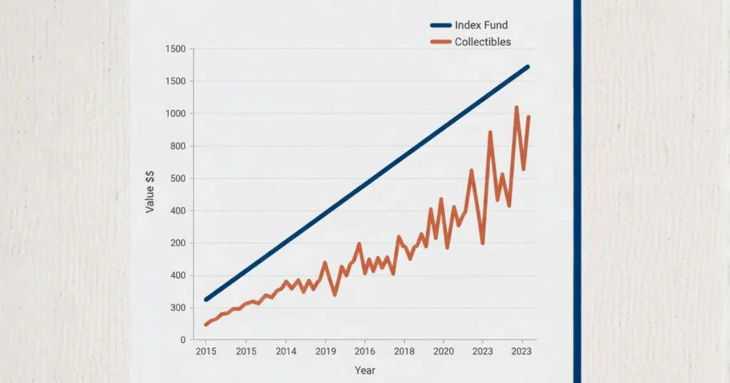 A comparison graph showing collectible value versus index fund growth.