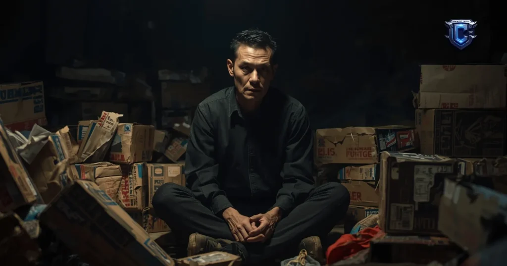 30-year-old Asian male collector sitting exhausted among torn toy boxes, dark room, cinematic