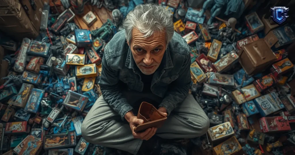 toy collector surrounded by figures and empty wallet